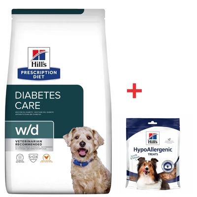 HILL'S PD Prescription Diet Canine w/d 10kg + HILLS Hypoallergene Hundeleckerli 220g FREE