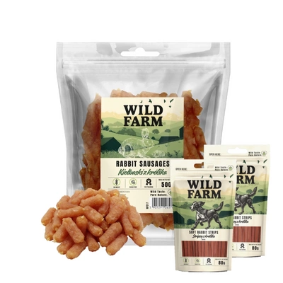 WILD FARM Kaninchenwürstchen 500g Hundeleckerli & WILD FARM Kaninchenstreifen 2x80g Hundeleckerli