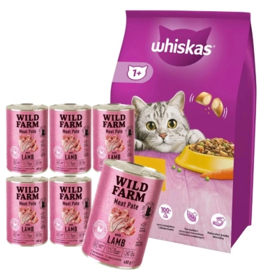 WHISKAS Adult 7 kg – Trockenfutter für ausgewachsene Katzen, mit leckerem Huhn & WILD FARM Pate Lamb 6x400g – glutenfreies Katzenfutter