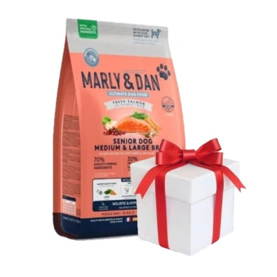 Marly & Dan Senior Hundefutter für mittelgroße und große Rassen mit frischem Lachs, ganzheitlich und hypoallergen, 12 kg Trockenfutter + Überraschung für den Hund GRATIS!
