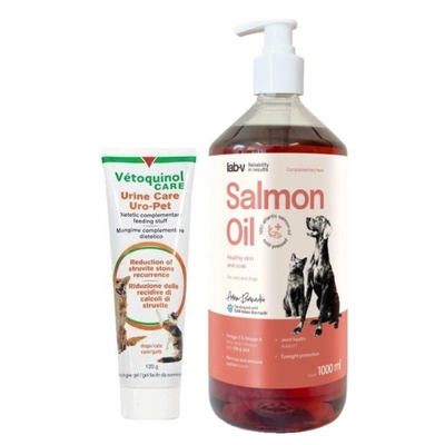 Vetoquinol Uro-Pet 120g + Lab-V Lachsöl 100% für Hunde und Katzen 1000 ml
