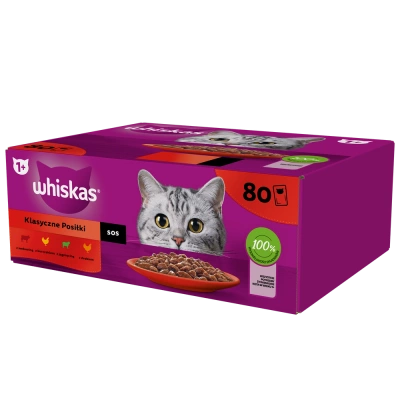 WHISKAS Adult Sachets 80 x 85 g Classic Meals - Nassfutter für ausgewachsene Katzen, in Sauce (Schnitte mit: Rind, Huhn, Lamm, Geflügel)