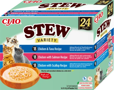 INABA Cat Ciao Stew – Ergänzungsfuttermittel für Katzen mit Hühnchen-, Thunfisch-, Lachs- und Jakobsmuschelgeschmack, 24 x 40 g