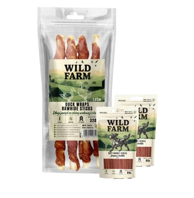 WILD FARM Langer Stick aus Rinderhaut mit Ente 28cm 320g Hundeleckerli & WILD FARM Kaninchenstreifen 2x80g Hundeleckerli