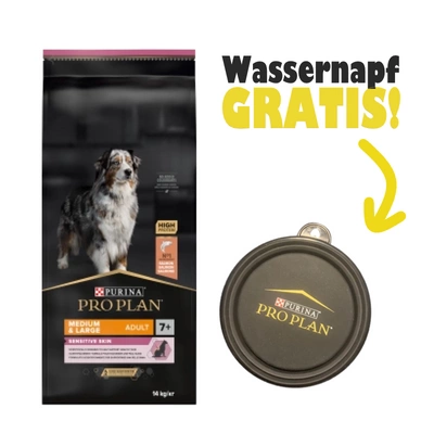 PRO PLAN Sensitive Skin Medium & Large Adult Hundefutter mit viel Lachs 14kg + Wassernapf GRATIS!