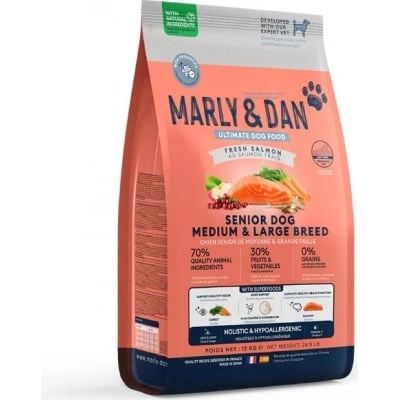 Marly & Dan Senior Hundefutter für mittelgroße und große Rassen mit frischem Lachs, ganzheitlich und hypoallergen, 12 kg Trockenfutter