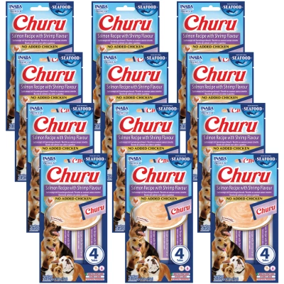 INABA Dog Churu (Fischbasis) Lachs, Garnelen 12x(4x14g)