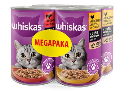 WHISKAS Adult Dose 4x400g - Nassfutter für Katzen in Soße (2x mit Huhn, 2x mit Rind)