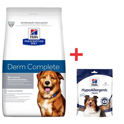 Hill's PD Prescription Diet Canine Derm Complete 12kg + HILLS Hypoallergene Hundeleckerli 220g FREE