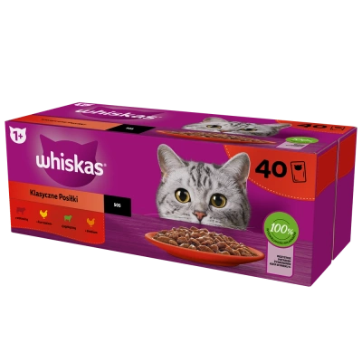 WHISKAS Adult Sachets 40 x 85 g Classic Meals - Nassfutter für ausgewachsene Katzen, in Sauce (Schnitte mit: Rind, Huhn, Lamm, Geflügel)