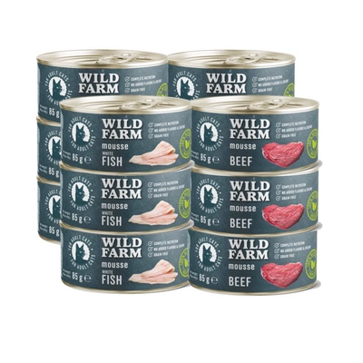 WILD FARM Mousse Weißfisch/Rindfleisch 12x85g – getreidefreies Mousse für Katzen