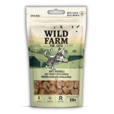 Maškrta pre mačky WILD FARM proti tvorbe bezoárov mäkké kuracie srdcia 50g
