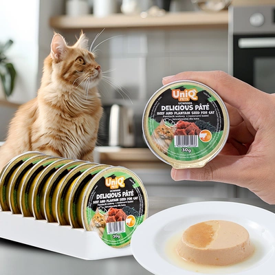 UNIQ PETS Nassfutter für Katzen, Royal Beef Rindfleischfrikadelle mit Kochbananensamen, 30 g x 8 Stück