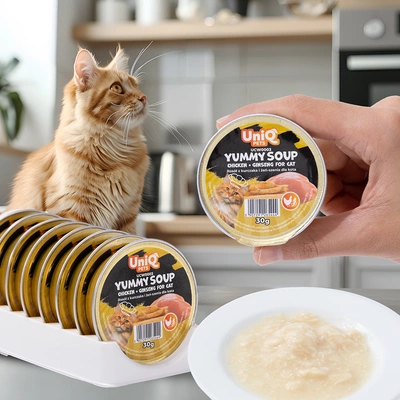 UNIQ PETS ROYAL CHICKEN Nassfutter für Katzen, Hühnerbrühe und Ginseng, 30 g x 8 Stück