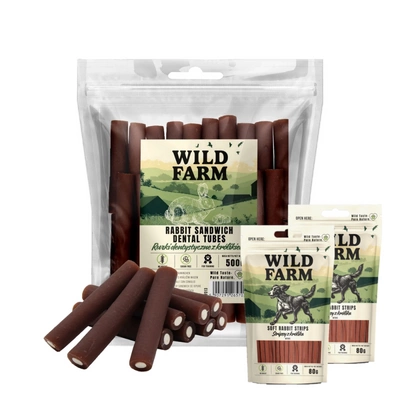 WILD FARM Dental Tubes mit Kaninchen 500g Hundeleckerli & WILD FARM Kaninchenstreifen 2x80g Hundeleckerli