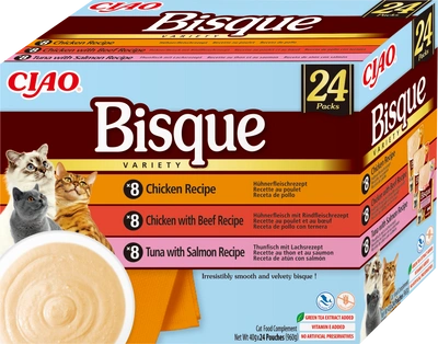 INABA Cat Ciao Bisque – Ergänzungsfuttermittel für Katzen, cremige Suppe mit Huhn, Rind und Fisch, 24 x 40 g