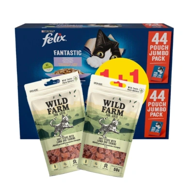 Felix in Gelee, Fleischmischung, Beutel 44 x 85 g, 1 + 1 GRATIS & WILDLAND Lammsterne mit Taurin, 2 x 50 g Katzenleckerli