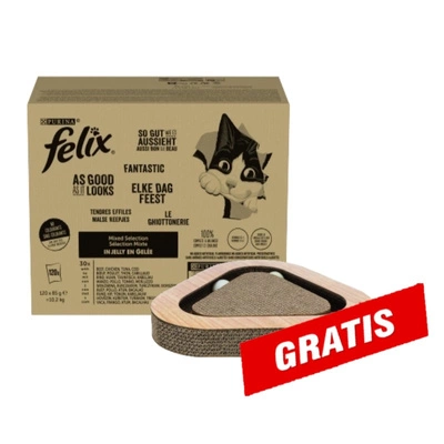 FELIX Fantastisches Katzenfutter in Gelee, Ausgewählte Geschmacksrichtungen, 120x85g + Kratzbaum GRATIS!!