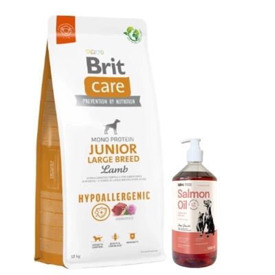 BRIT CARE Hund Hypoallergen Junior Große Rassen Lamm 12kg & Lab-v Lachsöl 1000 ml
