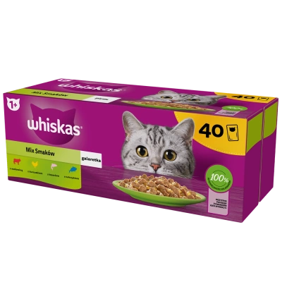 WHISKAS Adult Sachets 40 x 85 g Gemischte Geschmacksrichtungen - Nassfutter für ausgewachsene Katzen in Gelee (Schnitte mit: Rind, Huhn, Lachs, Thunfisch)