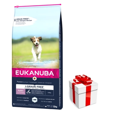 Eukanuba Puppy&Junior Small/Medium Grain Free Lachs 12kg + Überraschung für den Hund