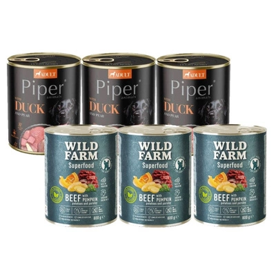 DOLINA NOTECI Piper für Hunde mit Ente und Birne 3x800g & WILD FARM Superfood Beef (Rindfleisch mit Kürbis, Kartoffeln und Petersilie) 3x800g getreidefreies Hundefutter