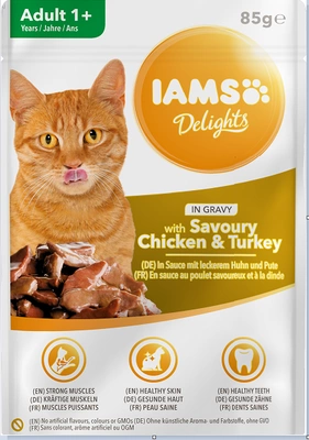 IAMS-Naturally Futter für ausgewachsene Katzen, mit aromatischem Huhn und Truthahn in Sauce 85g