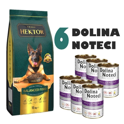 HEKTOR BALANCED Adult 15kg + Dolina Noteci Premium Kaninchen mit Preiselbeeren 6x400g