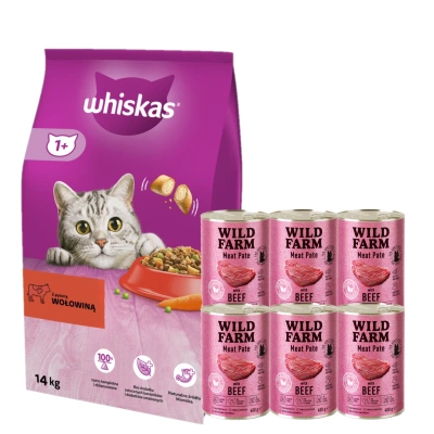WHISKAS Adult 14kg -+ WILD FARM Pastete Rind 6x400g
