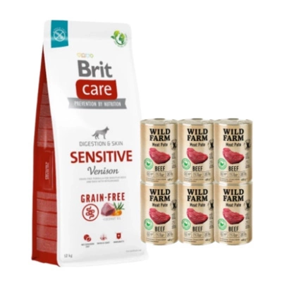 BRIT CARE Getreidefreies Sensitive Wild 12kg + 6x400g WILD FARM Pate Beef