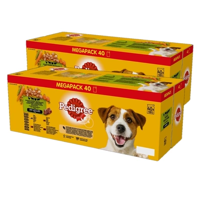 Pedigree Adult Nassfutter für Hunde Gemischtes Sachet (Huhn & Gemüse, Rind & Gemüse, Pute & Karotte, Rind & Lamm) 80x100g