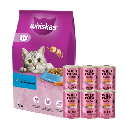 WHISKAS Adult 14kg - Katzentrockenfutter mit Thunfisch und Gemüse + WILD FARM Pate Lachs 6x400g