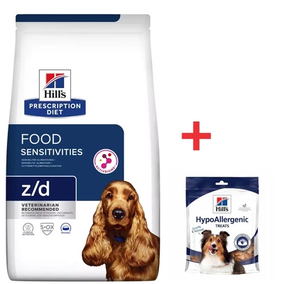 Hill's PD Prescription Diet Canine z/d Food Sensitivities 10kg + HILLS Hypoallergene Hundeleckerli 220g FREE