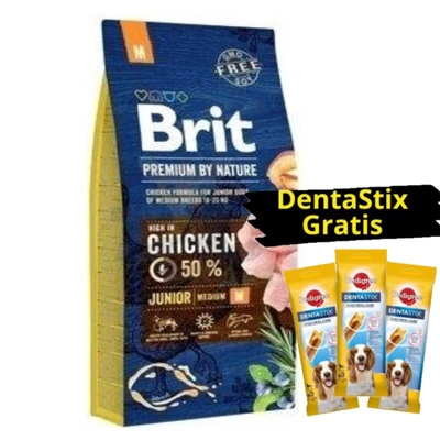 Brit Premium By Nature Junior M mit Huhn 15kg + 3x DentaStix GRATIS!