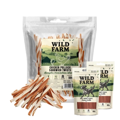 WILD FARM Huhn und Kabeljau Sandwich 500g Hundeleckerli & WILD FARM Kaninchenstreifen 2x80g Hundeleckerli