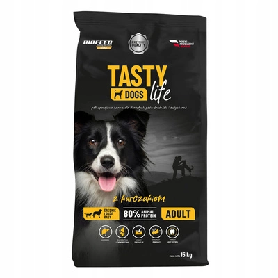 Tasty Dogs Life Hundefutter mit Huhn 15 kg (mittlere und große Rassen) + Zippy Hundeleine, rot