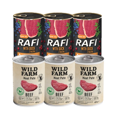 Dolina Noteci Rafi Mit einer Ente 3x400g & WILD FARM Pate Beef 3x800g glutenfreies Hundefutter