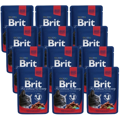 Brit Premium Cat für ausgewachsene Katzen mit Rindfleisch und Erbsen 12x100g