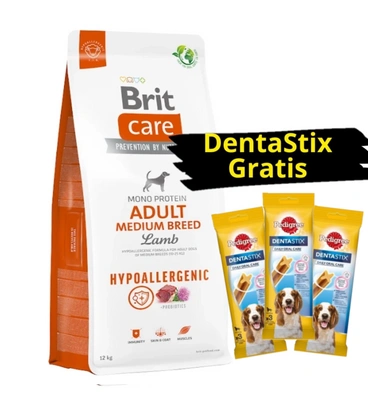 BRIT CARE Hund Hypoallergen Adult Mittlere Rasse Lamm 12kg + 3x DentaStix GRATIS!