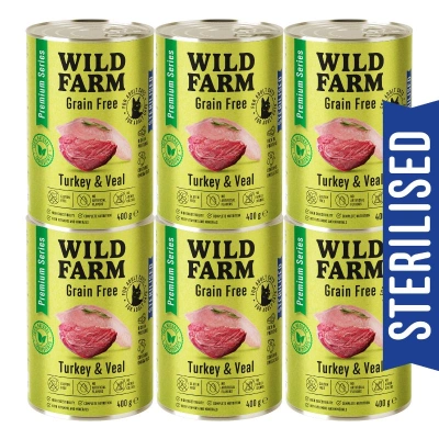 WILD FARM Premium Grain Free Truthahn und Kalbfleisch 6x400g - getreidefreies Futter für sterilisierte Katzen