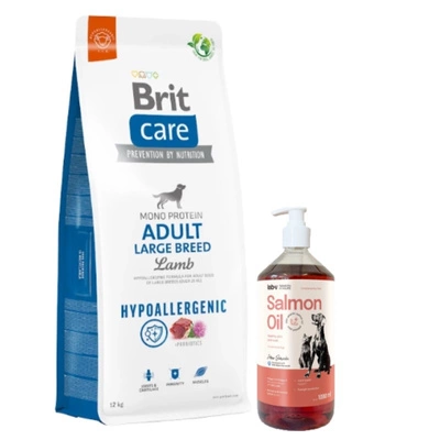 BRIT CARE Hund Hypoallergen Adult Große Rassen Lamm 12kg & Lab-v Lachsöl 1000 ml