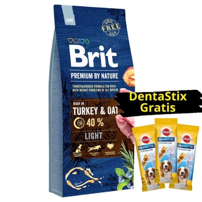 Brit Premium By Nature Light mit Pute & Hafer 15kg + 3x DentaStix GRATIS!