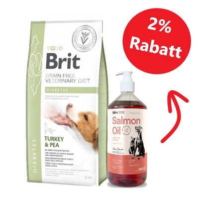 Brit Grain Free Veterinary Diet Dog Diabetes Truthahn mit Erbsen 12kg + Lab-V Lachsöl 1000ml