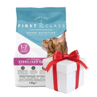 Erstklassig sterilisiert 1,5 kg – Trockenfutter für sterilisierte Katzen mit Hühnergeschmack + Überraschung für die Katze GRATIS!