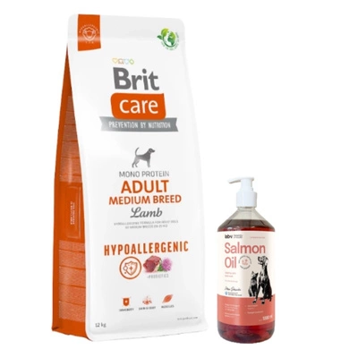BRIT CARE Hund Hypoallergen Adult Mittlere Rasse Lamm 12kg & Lab-v Lachsöl 1000 ml