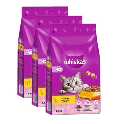 WHISKAS Adult 3x3,8 kg – Trockenfutter für ausgewachsene Katzen, mit leckerem Huhn