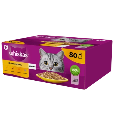 WHISKAS Adult Beutel 80 x 85 g Geflügelstückchen - Nassfutter für ausgewachsene Katzen in Gelee (Stückchen mit: Huhn, Ente, Geflügel, Pute)