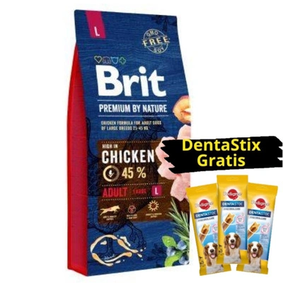 Brit Premium By Nature Adult L mit Huhn 15kg + 3x DentaStix GRATIS!