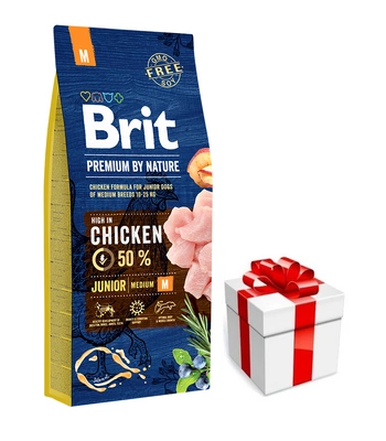 Brit Premium By Nature Junior M mit Huhn 15kg + Überraschung für den Hund