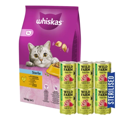 WHISKAS Sterile 14kg - Trockenfutter für sterilisierte Katzen mit Huhn + WILD FARM Premium Grain Free Lamm und Thunfisch 6x400g